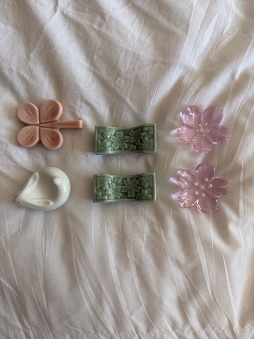 🍡Set of 6 Decorative Chopstick Rests - Pink, White & Green Ceramic 🍱🥢